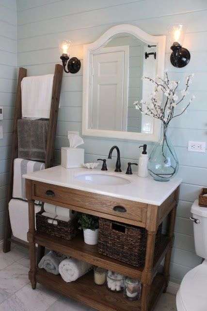 blue paint in farmhouse bathroom