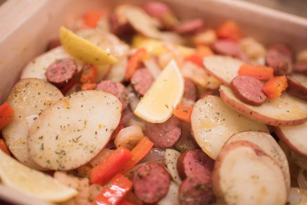 easy shrimp and sausage foil pack