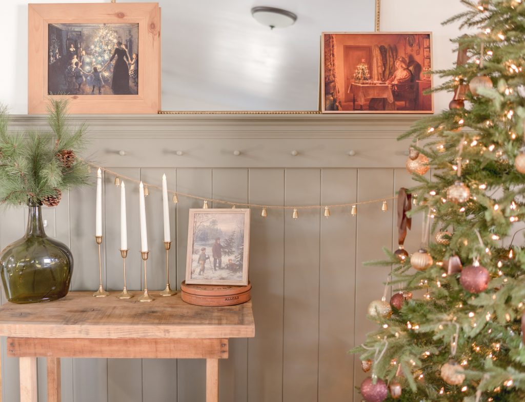 christmas tree in modern farmhouse room with art and mirror