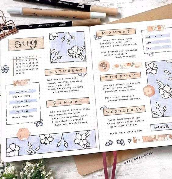 weekly bullet journal spread with dot grid