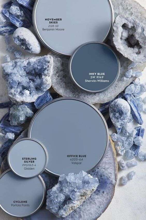 blue and indigio paint colors from sherwin williams, office blue, inky blue, november skys, sterling silver and cyclone paint samples